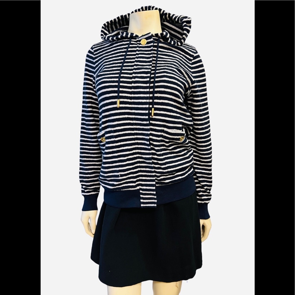 Tory Burch Navy and White Striped Hooded Sweater